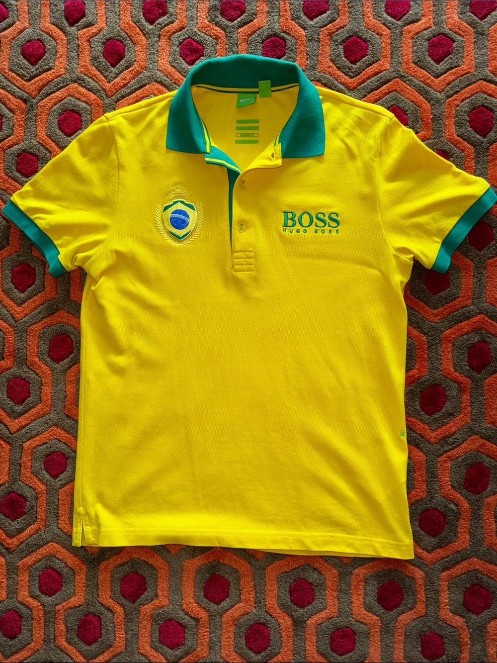 MAKE OFFER! Hugo Boss Brazil Yellow Polo with Green Trim Men's sz Small